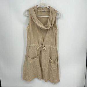 Russ Berens Womens beige 100% Linen Cowl Neck Cinch waist midi Dress Sz S